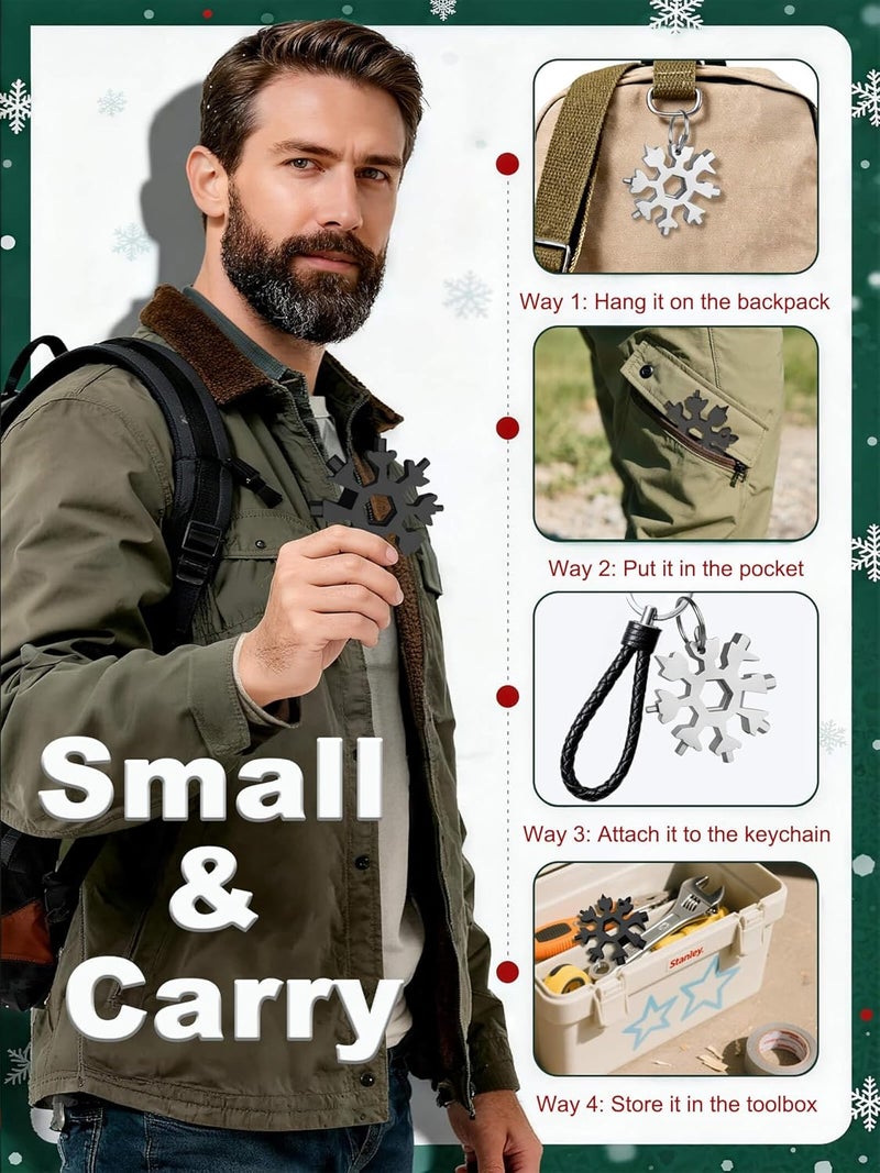 ZONICE 18-in-1 Snowflake Multi Tool – Stainless Steel with Bottle Opener & Wrench,Compact EDC Tool for Camping,Fishing,Hiking, Stocking Stuffers,Gifts for Men,Dad,Husband (Silver + Black) - Image 5